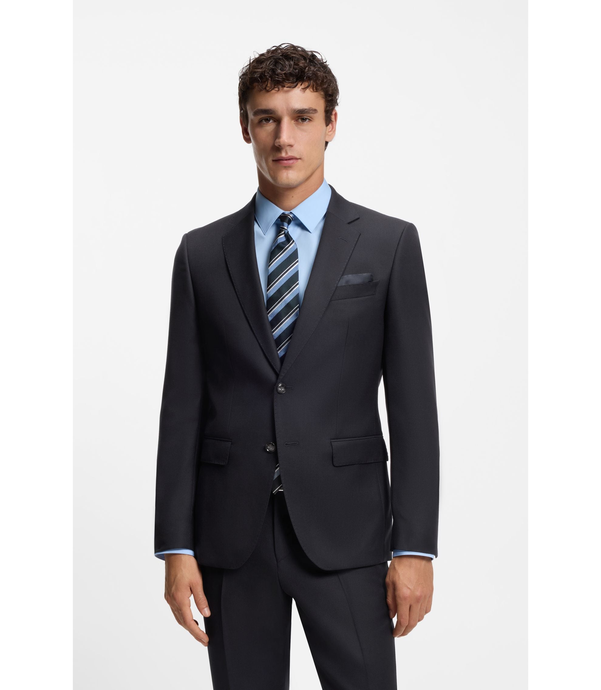 Boss Two Piece Slim Fit Suit In Patterned Virgin Wool Dark Blue