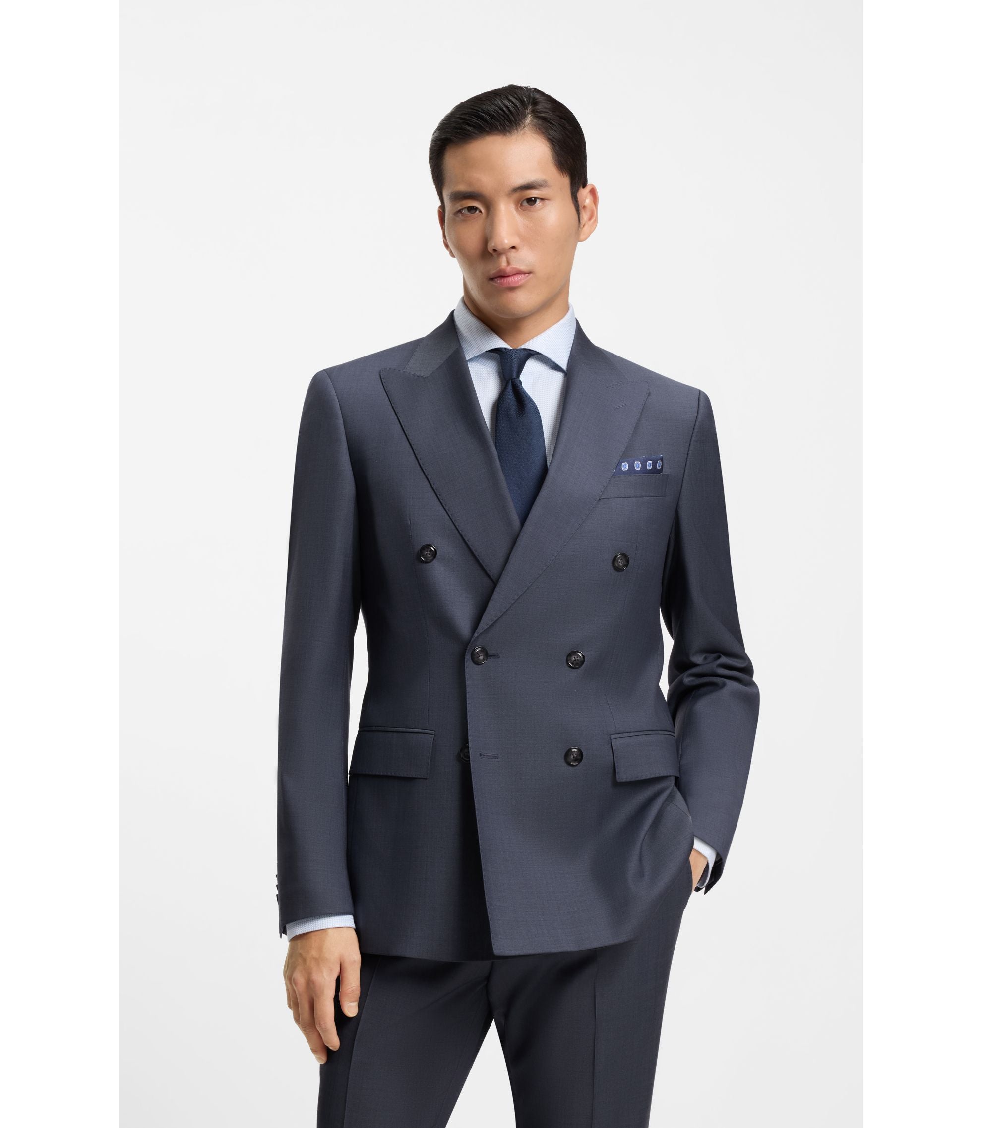 Boss Two Piece Slim Fit Suit In Patterned Virgin Wool Light Blue
