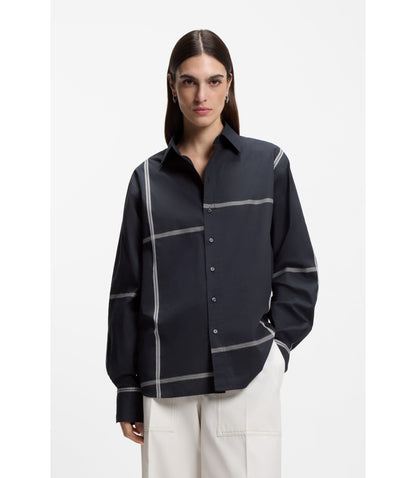 Boss Checked Relaxed Fit Blouse In Cotton Canvas Dark Blue Women's