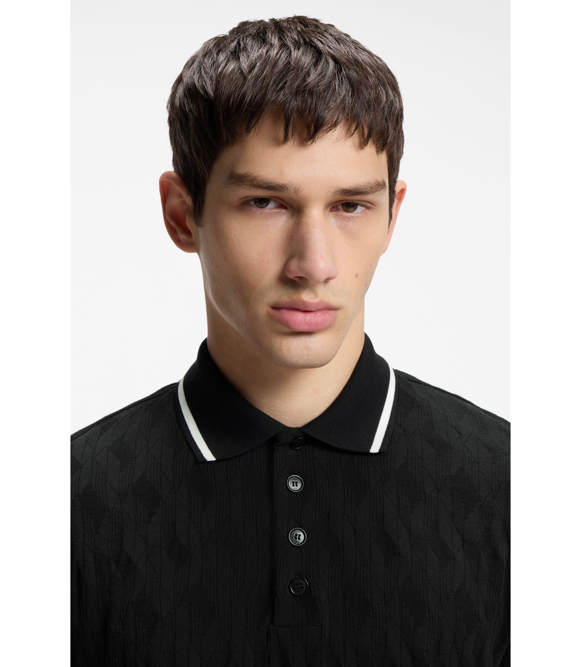 Hugo Stripe Collar Polo Shirt In Cotton Jacquard Black