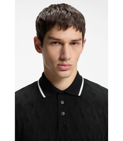 Hugo Stripe Collar Polo Shirt In Cotton Jacquard Black