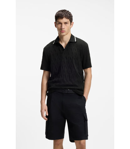 Hugo Stripe Collar Polo Shirt In Cotton Jacquard Black