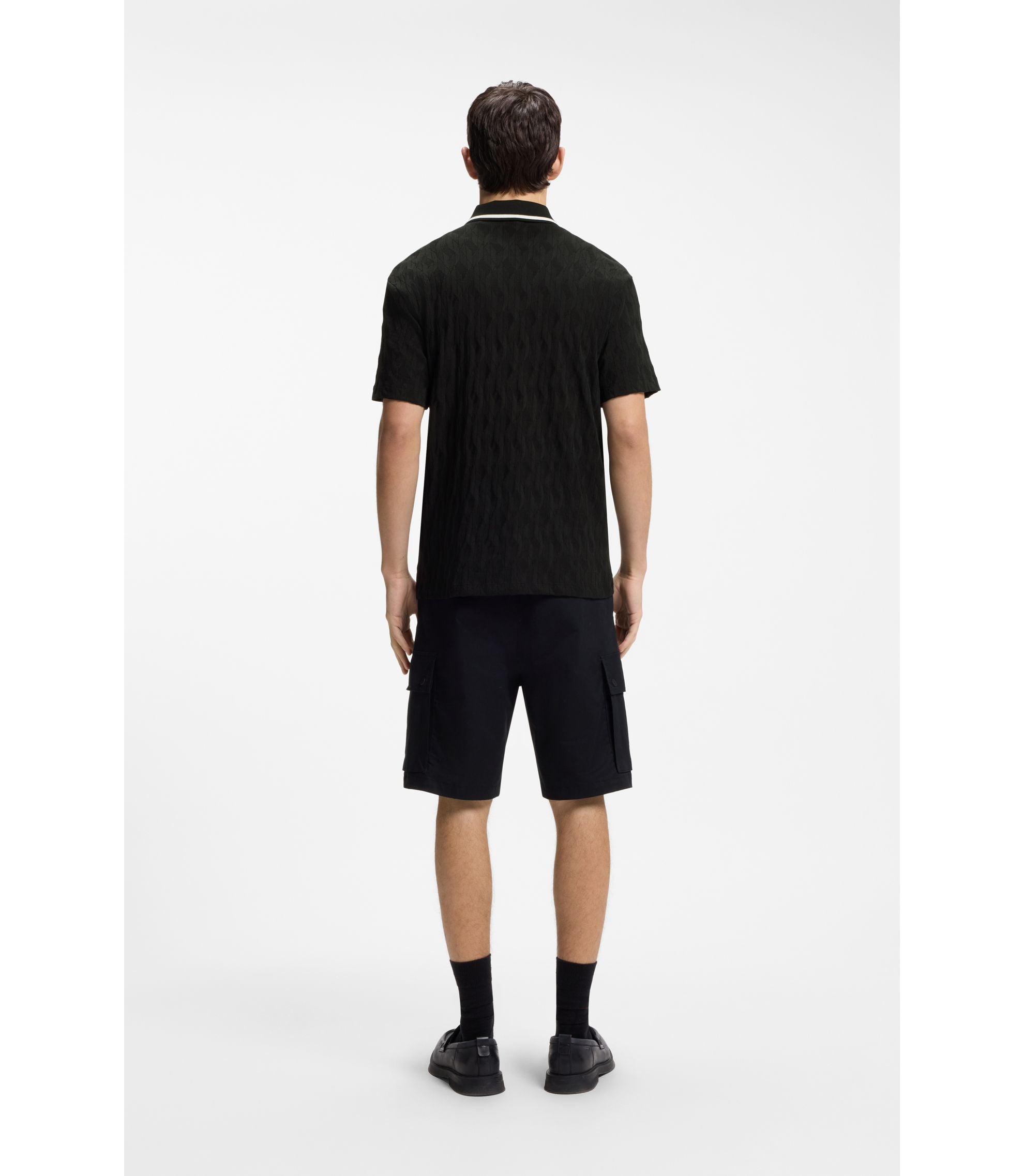 Hugo Stripe Collar Polo Shirt In Cotton Jacquard Black