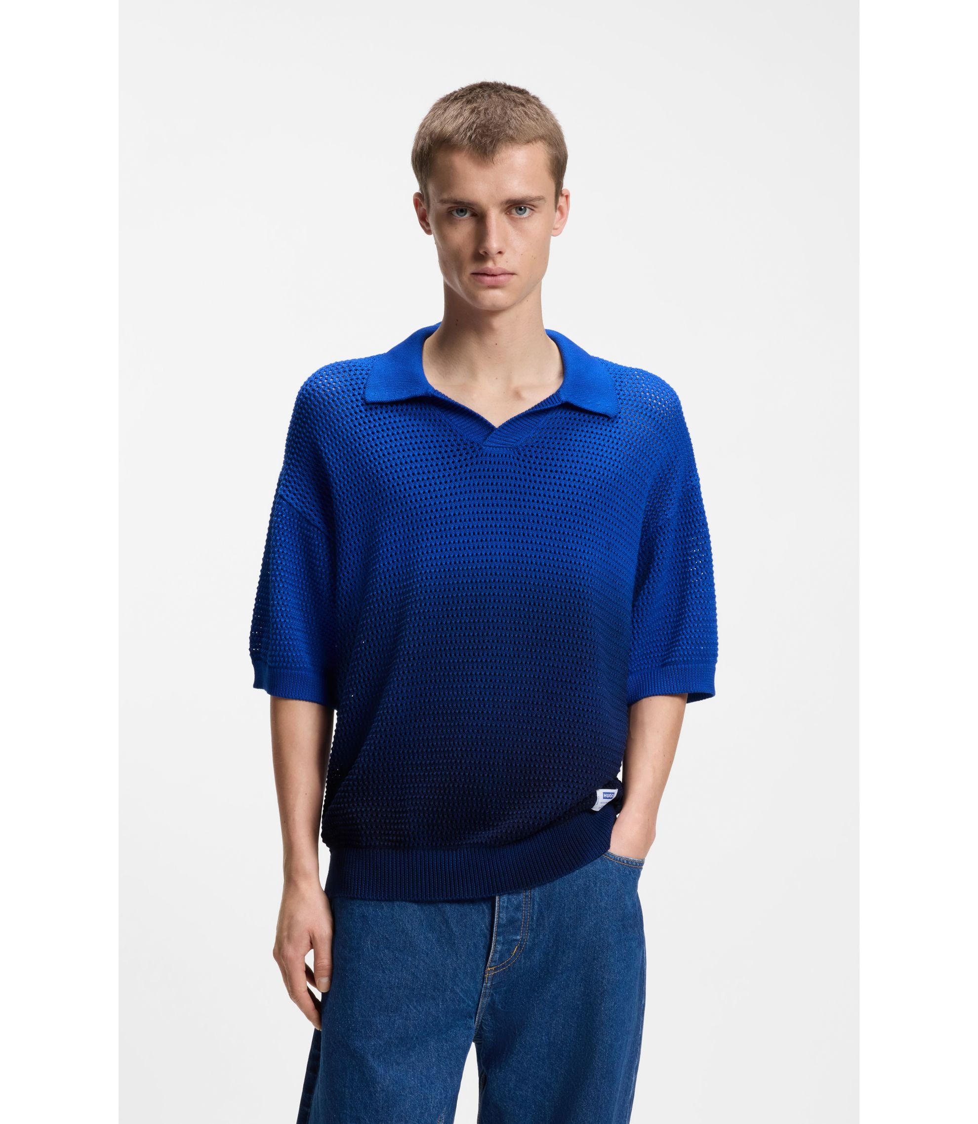 Hugo Knitted Cotton Sweater With Dip Dye Effect Light Blue