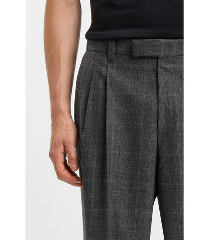 Boss Checked Relaxed Fit Trousers In Stretch Wool Grey