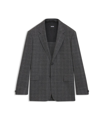 Boss Checked Relaxed Fit Jacket In Stretch Wool Grey
