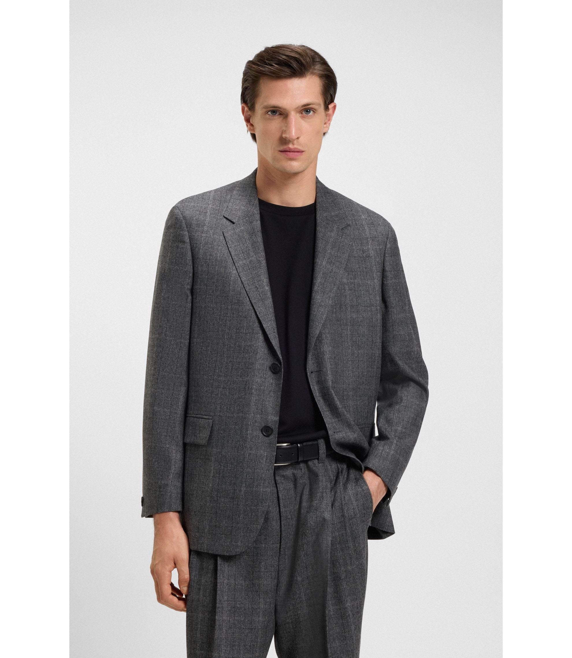 Boss Checked Relaxed Fit Jacket In Stretch Wool Grey