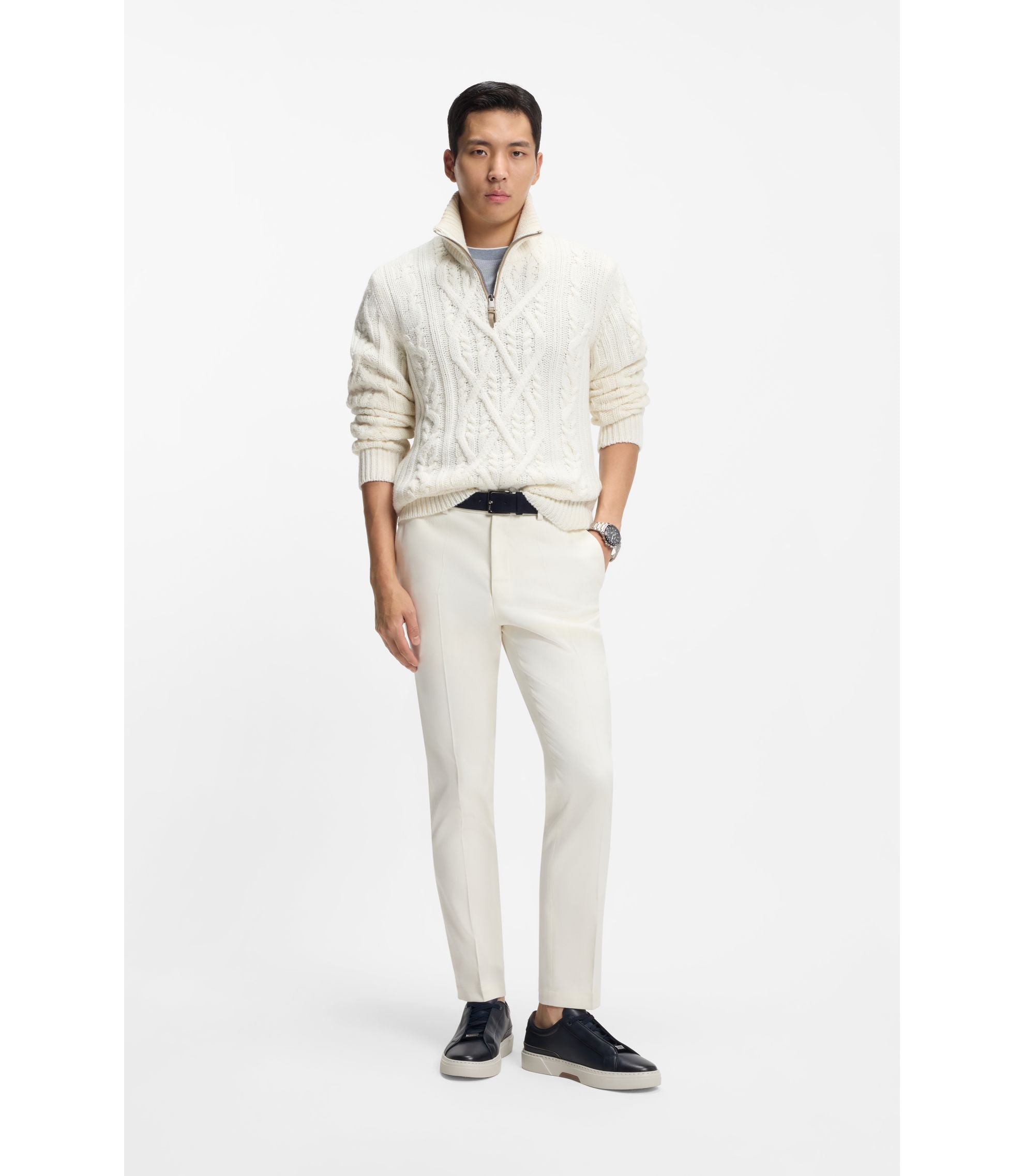 Boss Wool Cashmere Sweater With Cable Knit White