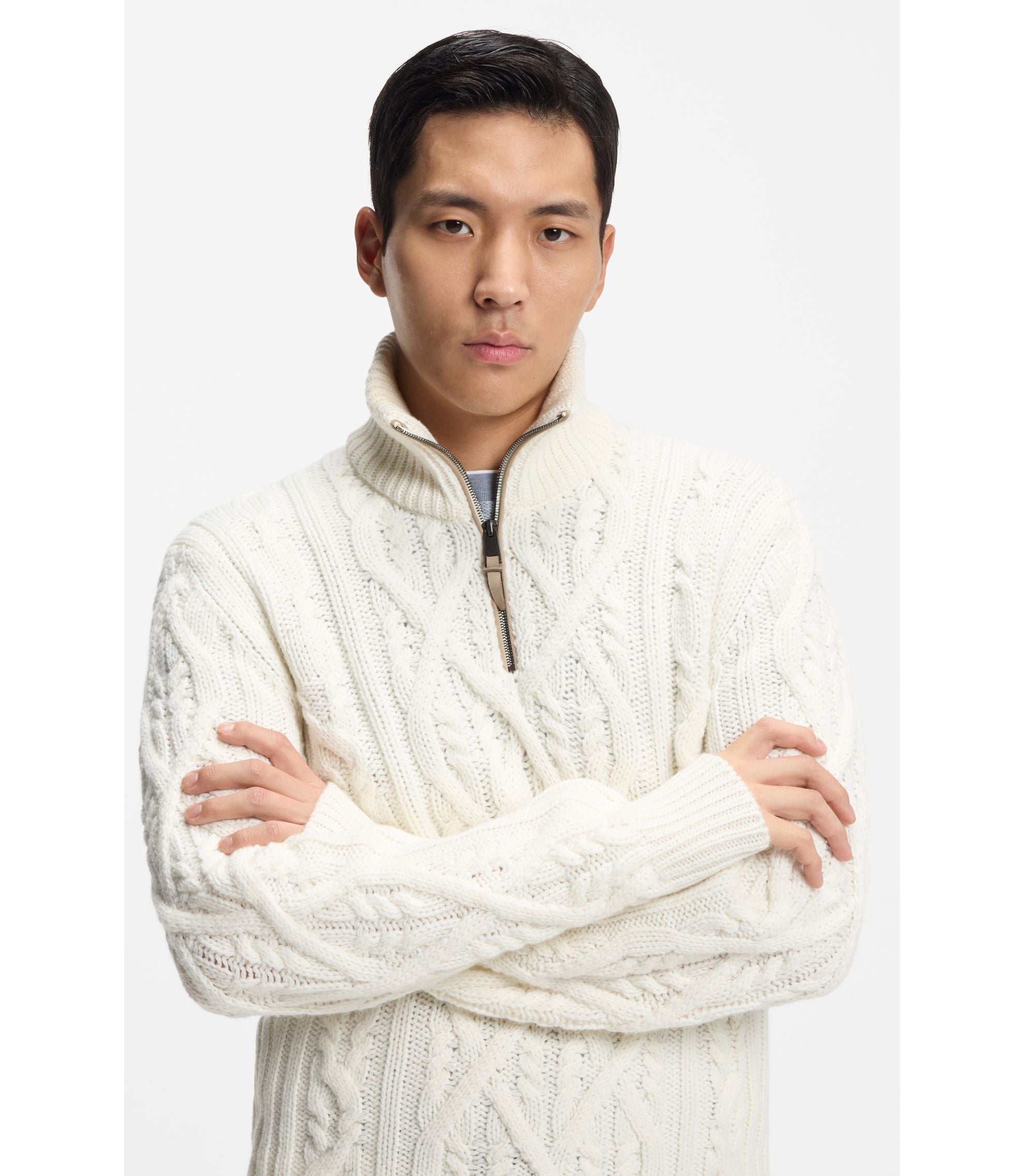 Boss Wool Cashmere Sweater With Cable Knit White