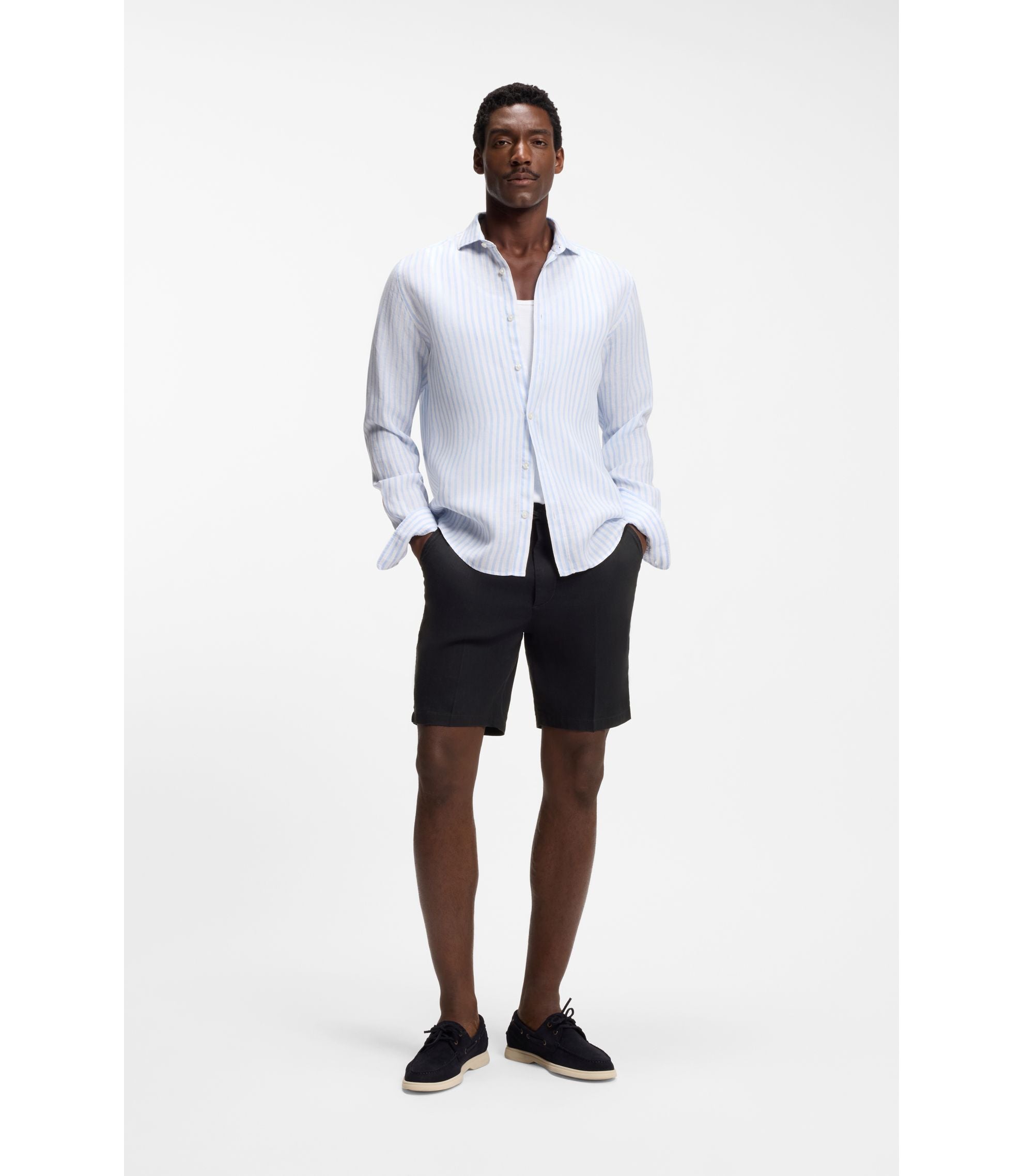 Boss Linen Blend Shorts In A Modern Fit Dark Blue