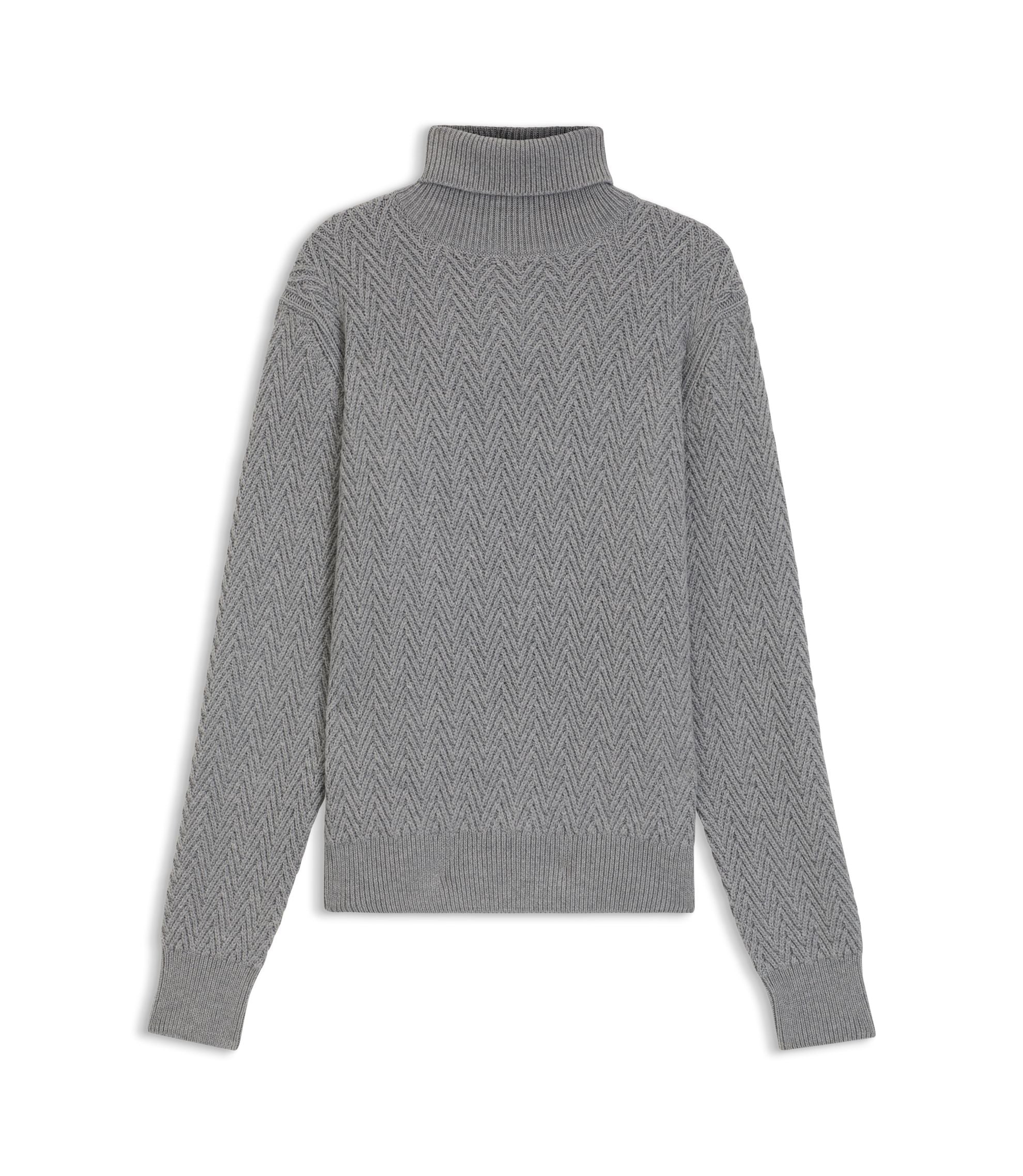 Boss Rollneck Sweater In Herringbone Virgin Wool Silver