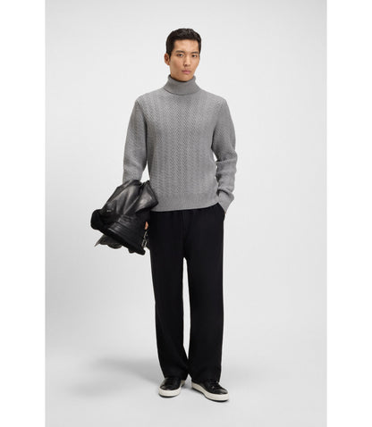Boss Rollneck Sweater In Herringbone Virgin Wool Silver