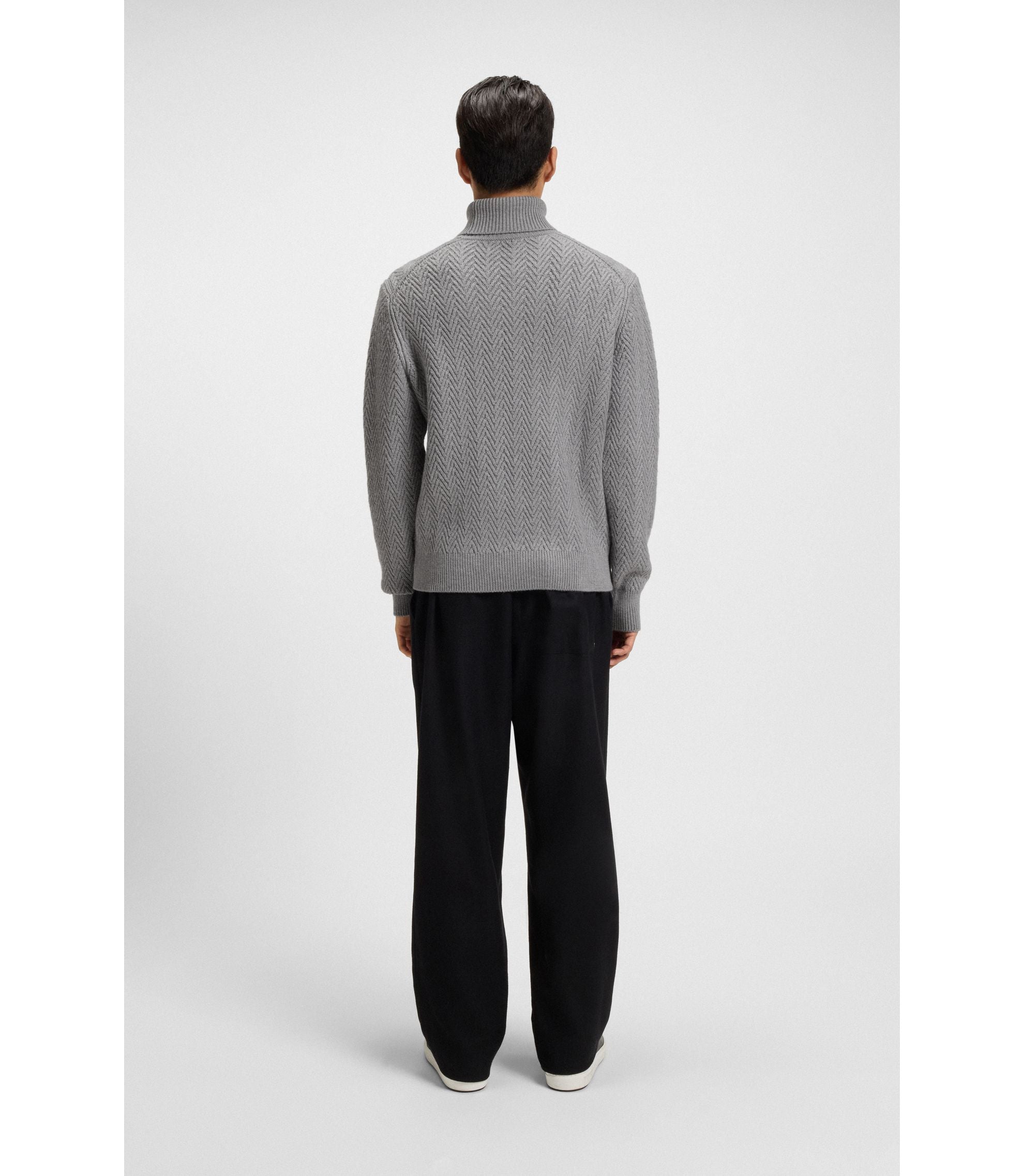 Boss Rollneck Sweater In Herringbone Virgin Wool Silver