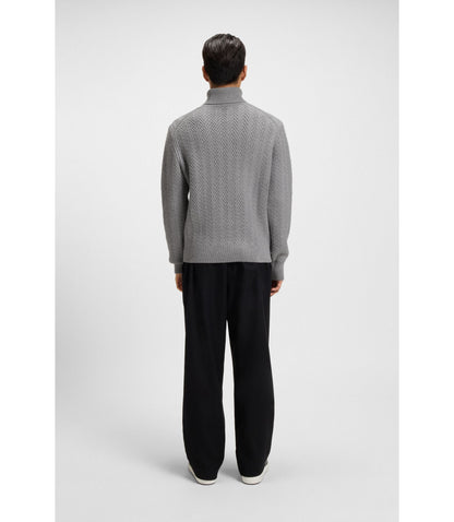 Boss Rollneck Sweater In Herringbone Virgin Wool Silver