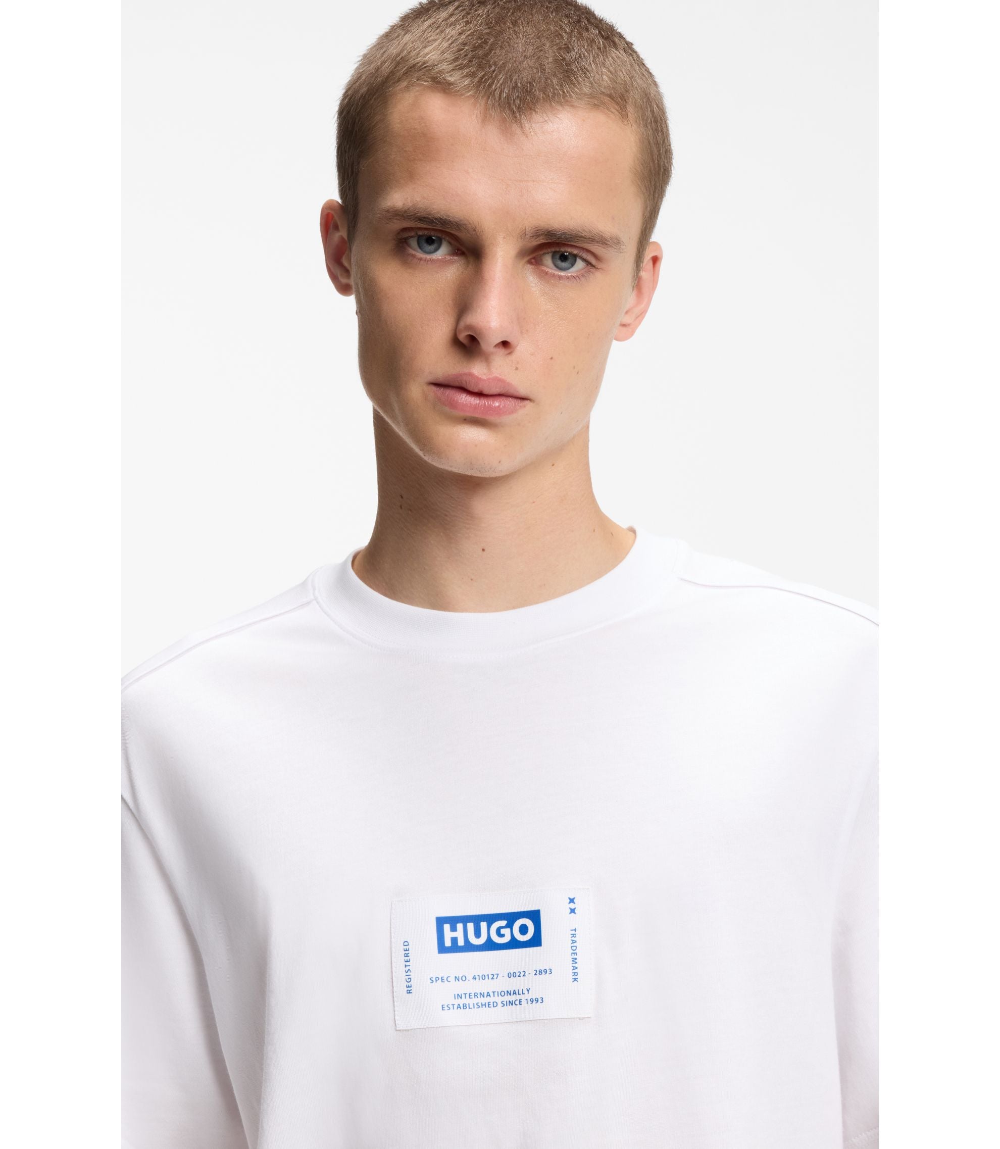 Hugo Cotton Jersey T Shirt With Workwear Logo Label White