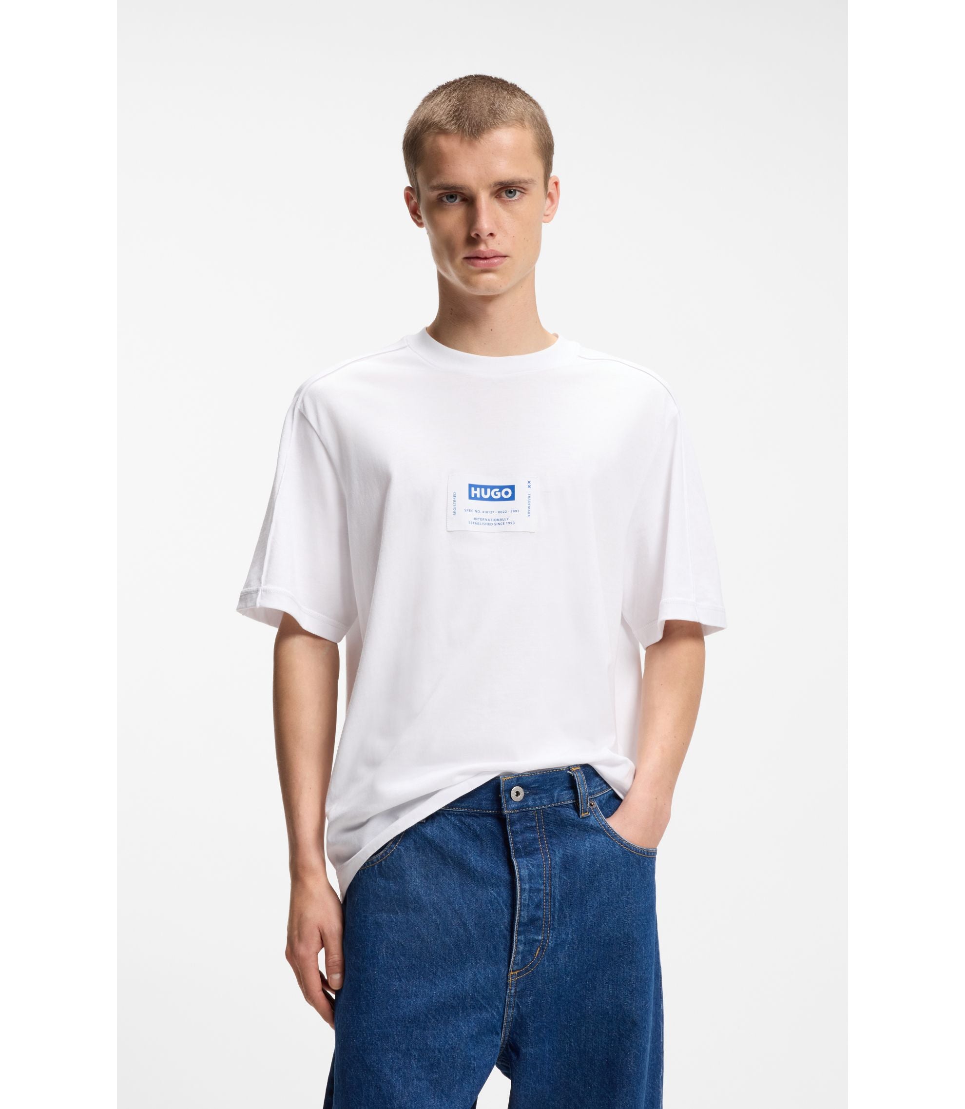 Hugo Cotton Jersey T Shirt With Workwear Logo Label White