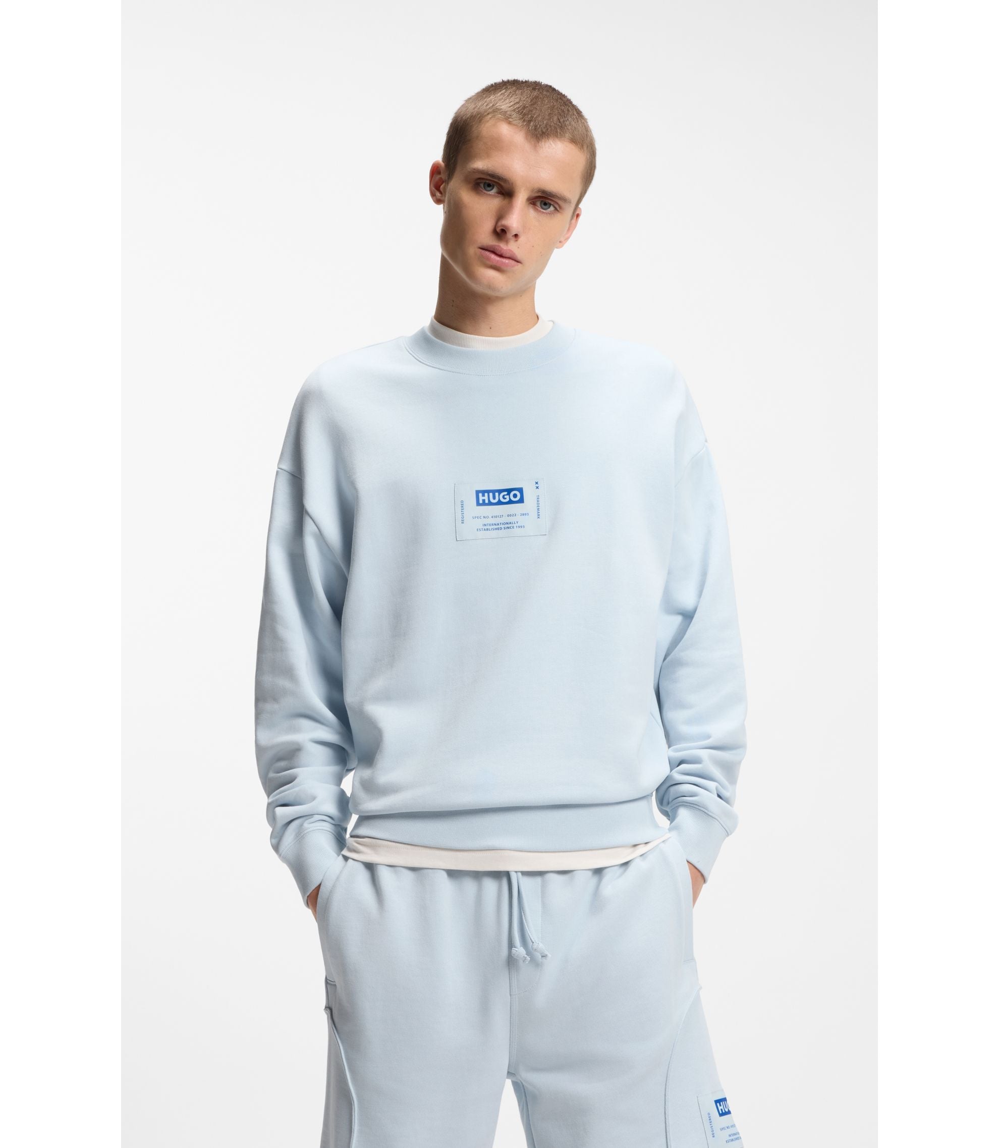 Hugo Logo Label Sweatshirt In A Cotton Blend Light Blue
