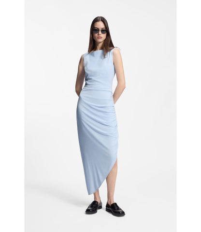 Hugo Crepe Dress With Gathered Asymmetric Hemline Light Blue Women's