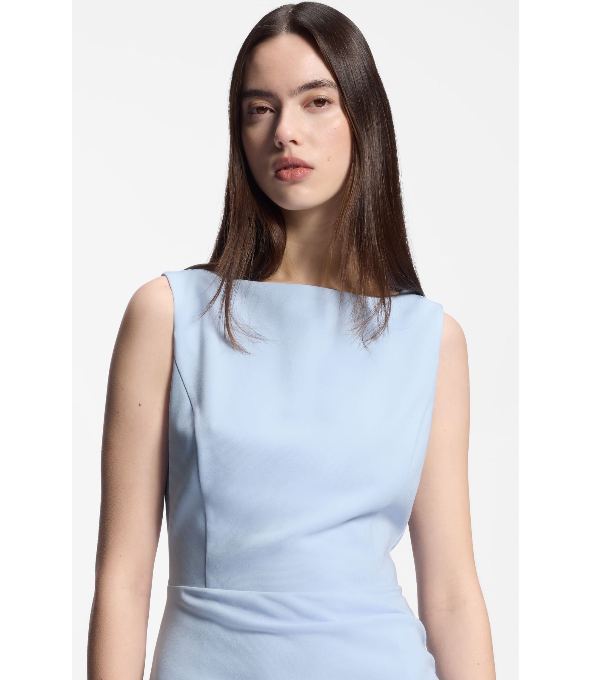 Hugo Crepe Dress With Gathered Asymmetric Hemline Light Blue Women's