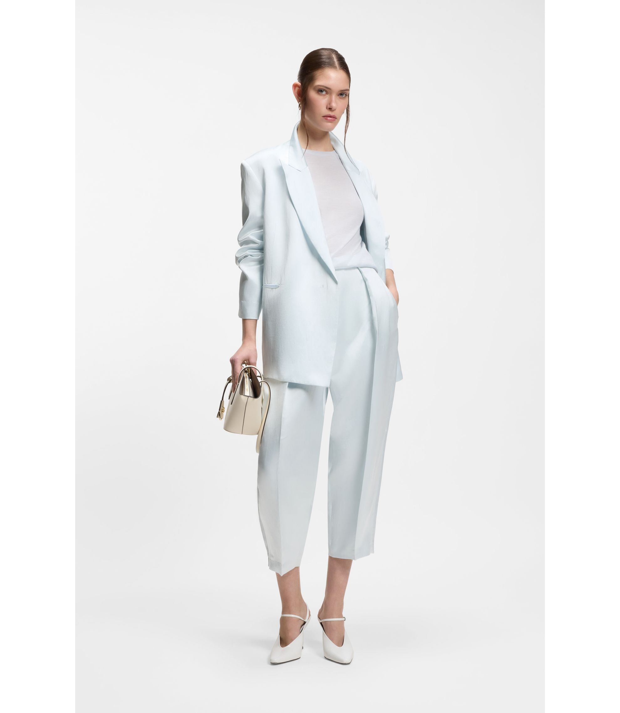 Boss Relaxed Fit Trousers In Soft Sateen Light Blue Women's