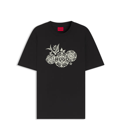 Hugo Cotton Jersey T Shirt With Embroidered Artwork Black