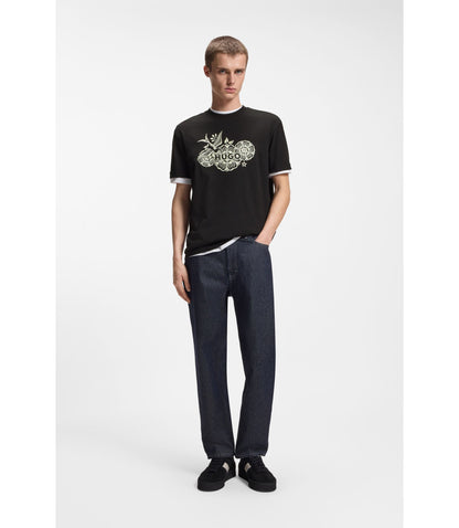 Hugo Cotton Jersey T Shirt With Embroidered Artwork Black