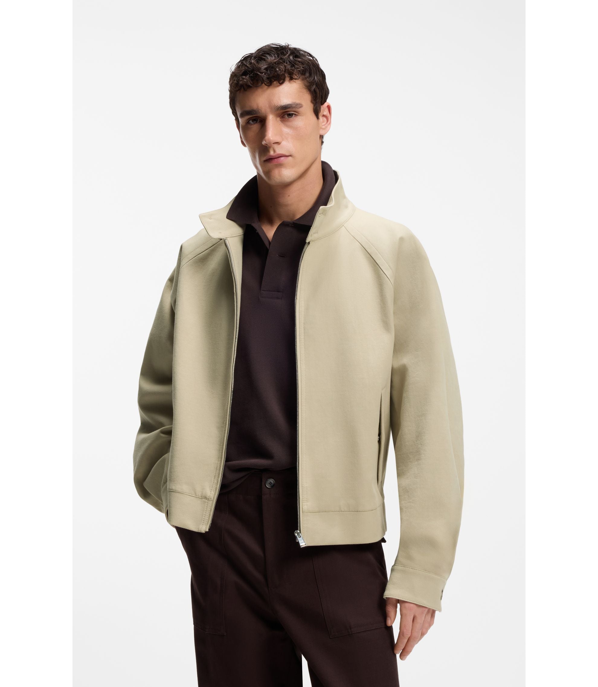 Boss Cotton Stretch Bomber Jacket With Zip Light Beige