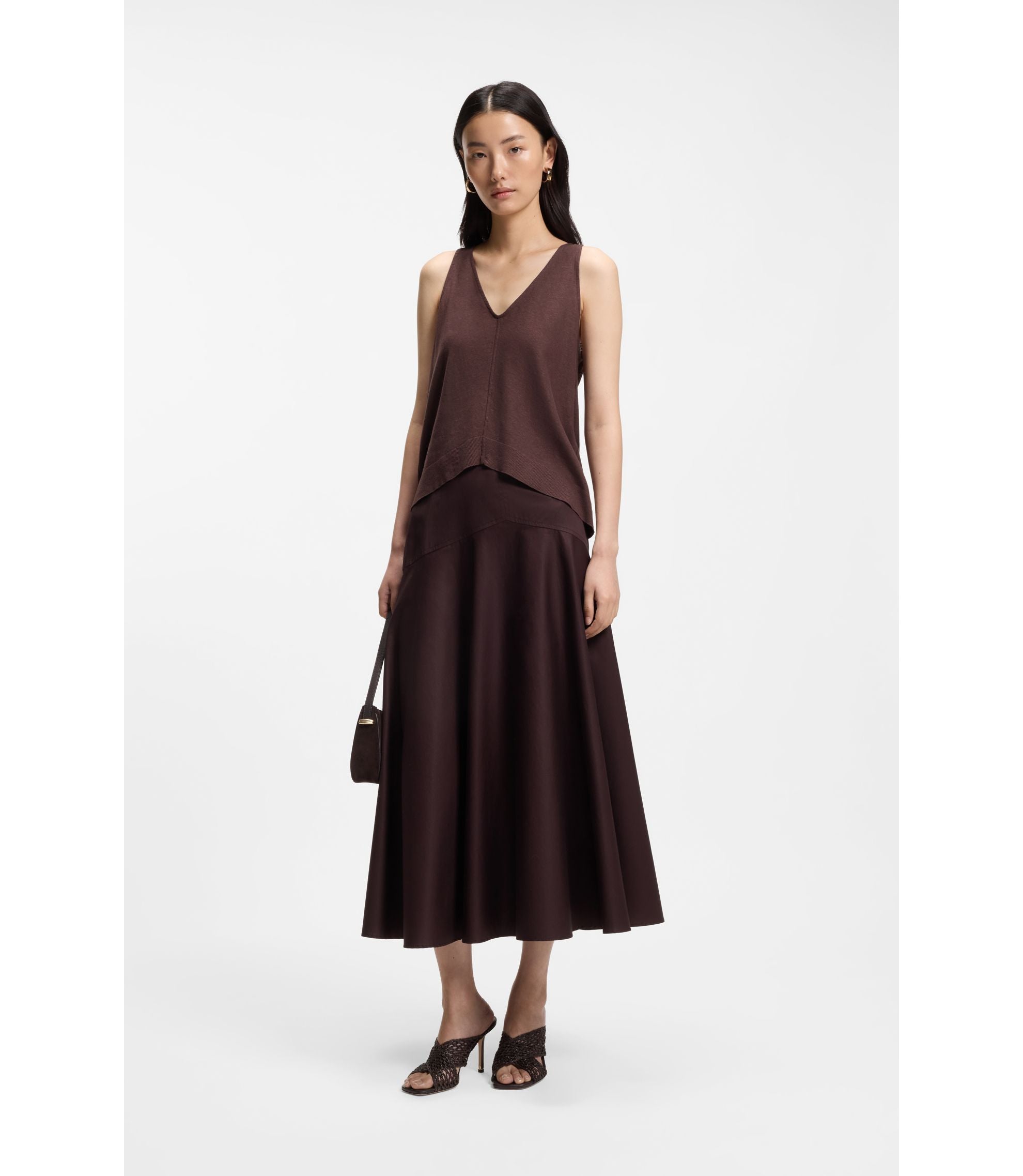 Boss Cotton Linen Top With V Neckline Dark Brown Women's