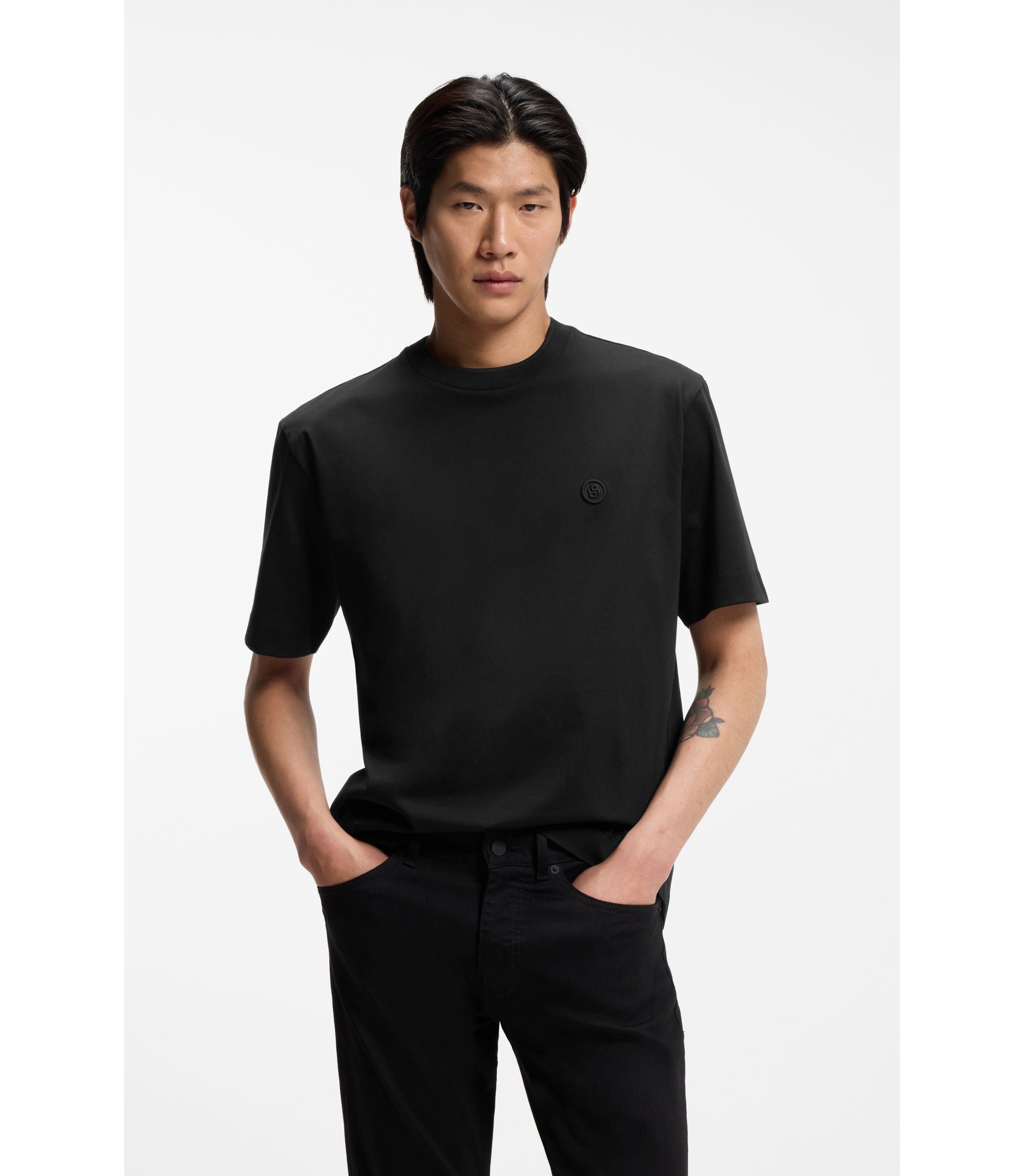 Boss Mercerised Cotton T Shirt With Double B Monogram Black