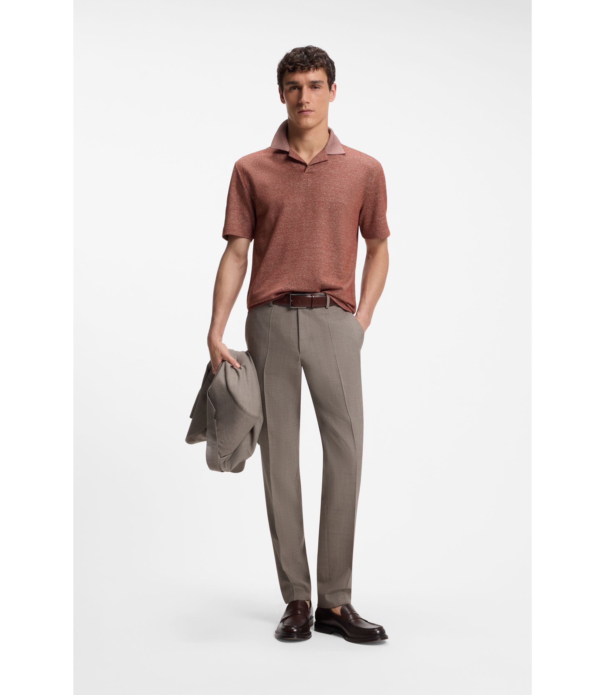 Boss Johnny Collar Polo Shirt In Cotton Linen And Silk Brown