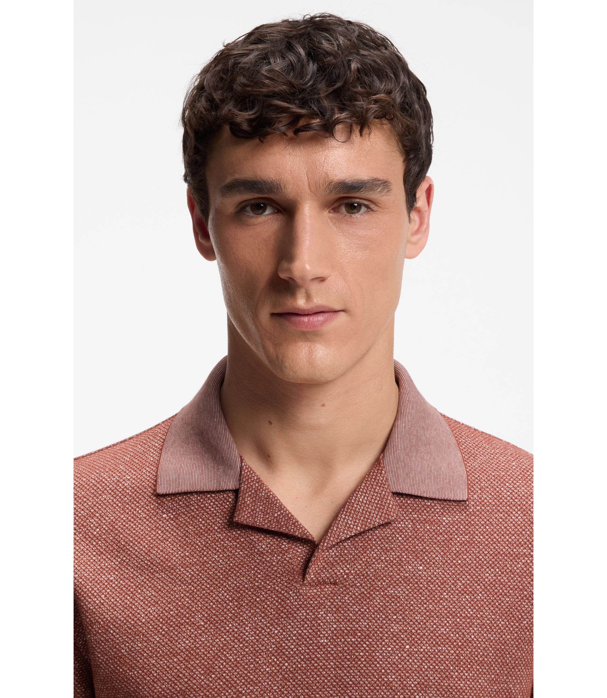 Boss Johnny Collar Polo Shirt In Cotton Linen And Silk Brown