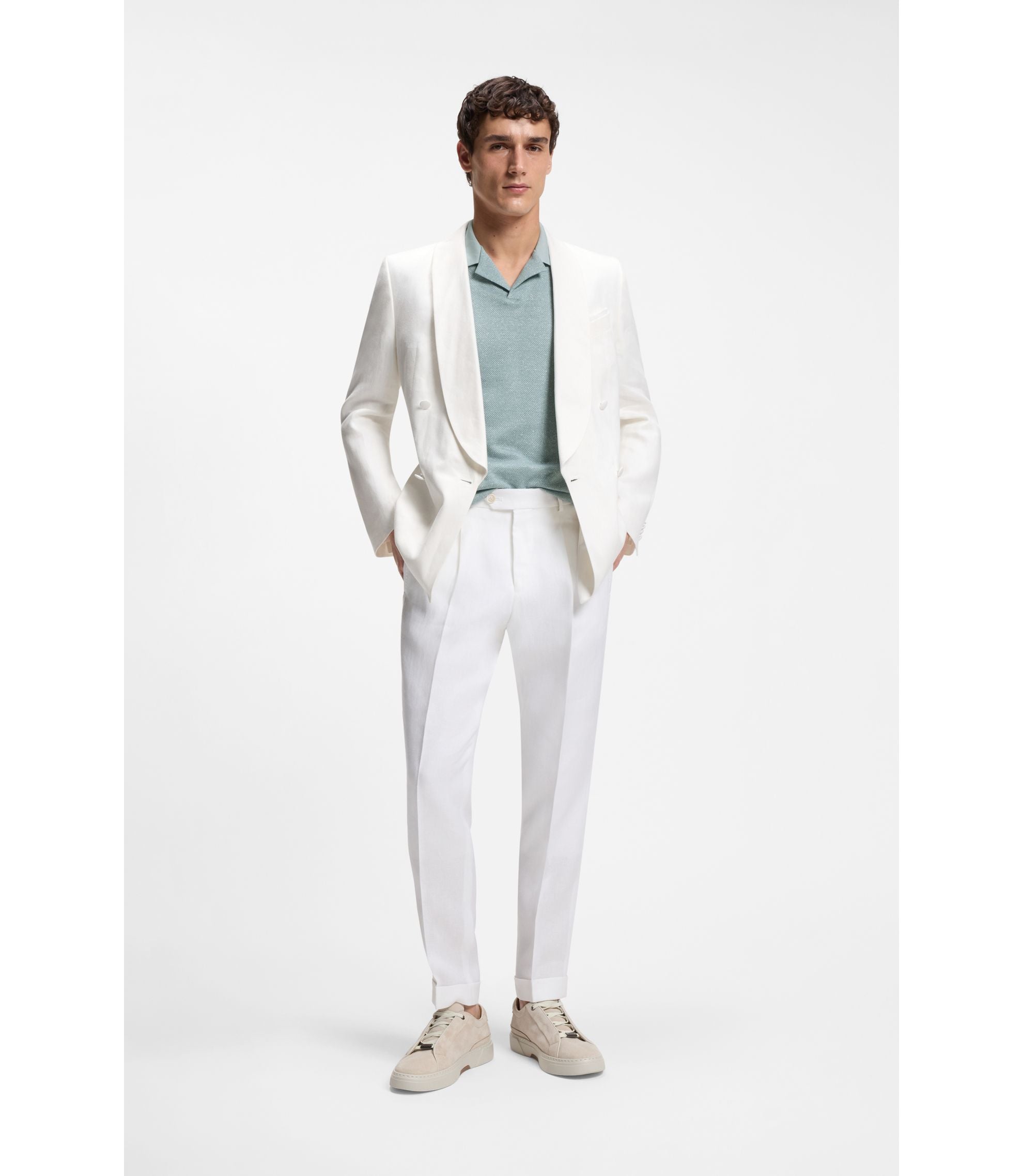 Boss Johnny Collar Polo Shirt In Cotton Linen And Silk Light Blue