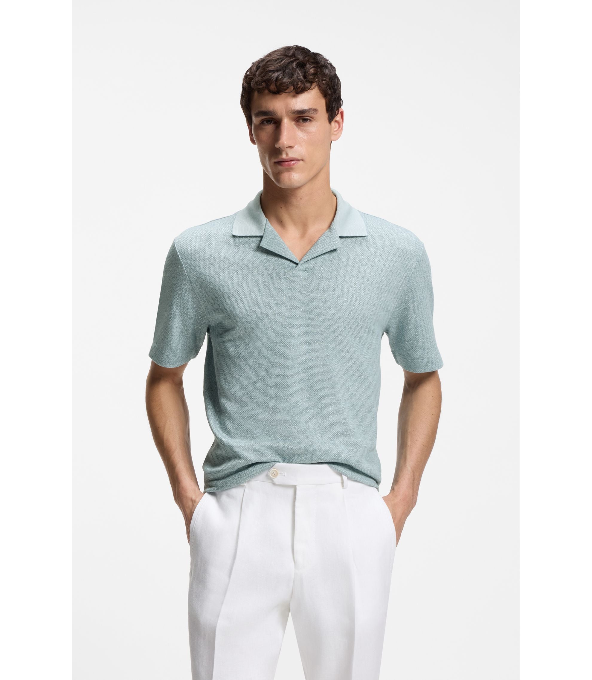 Boss Johnny Collar Polo Shirt In Cotton Linen And Silk Light Blue