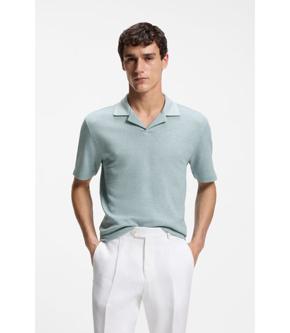 Boss Johnny Collar Polo Shirt In Cotton Linen And Silk Light Blue