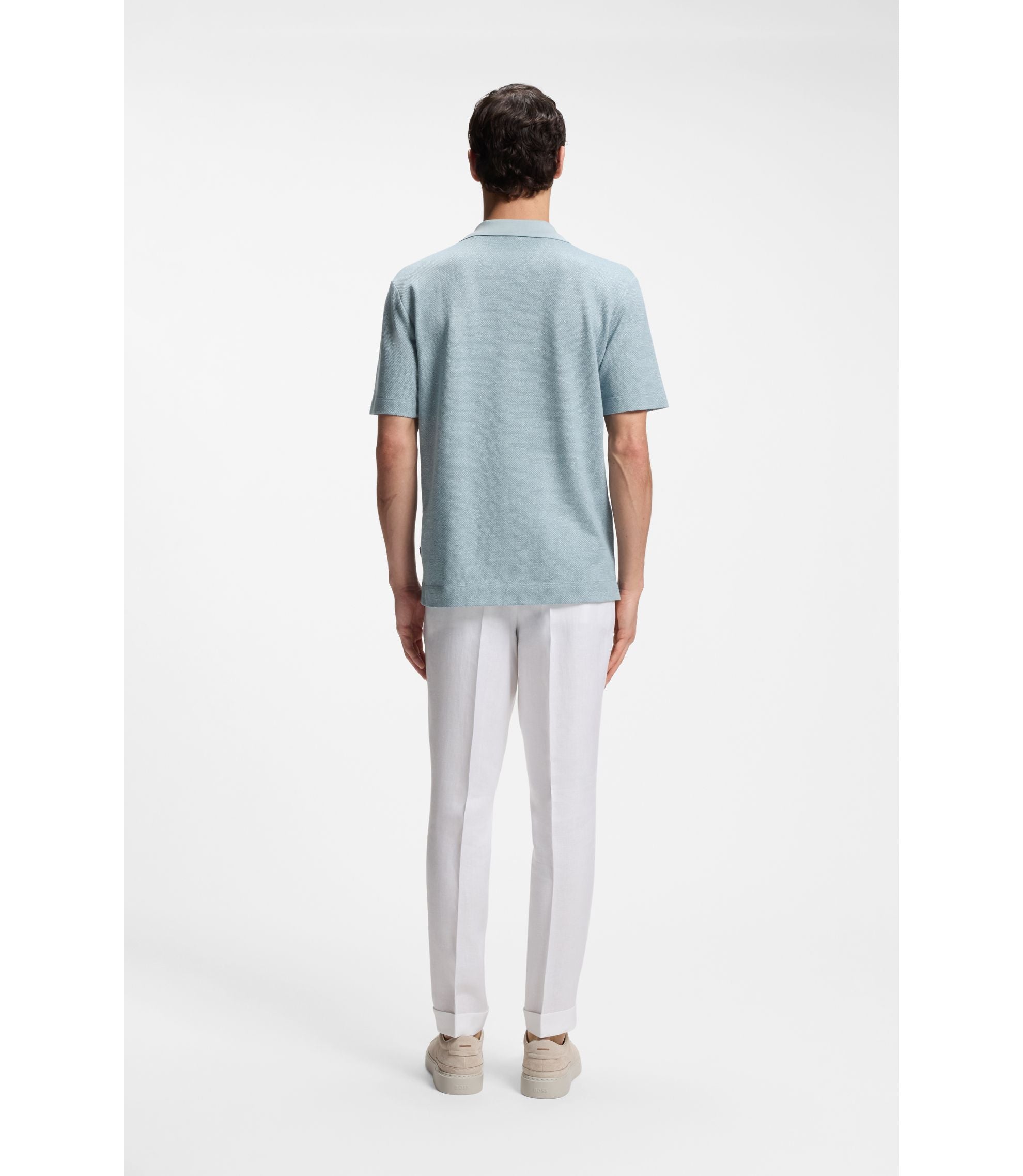 Boss Johnny Collar Polo Shirt In Cotton Linen And Silk Light Blue