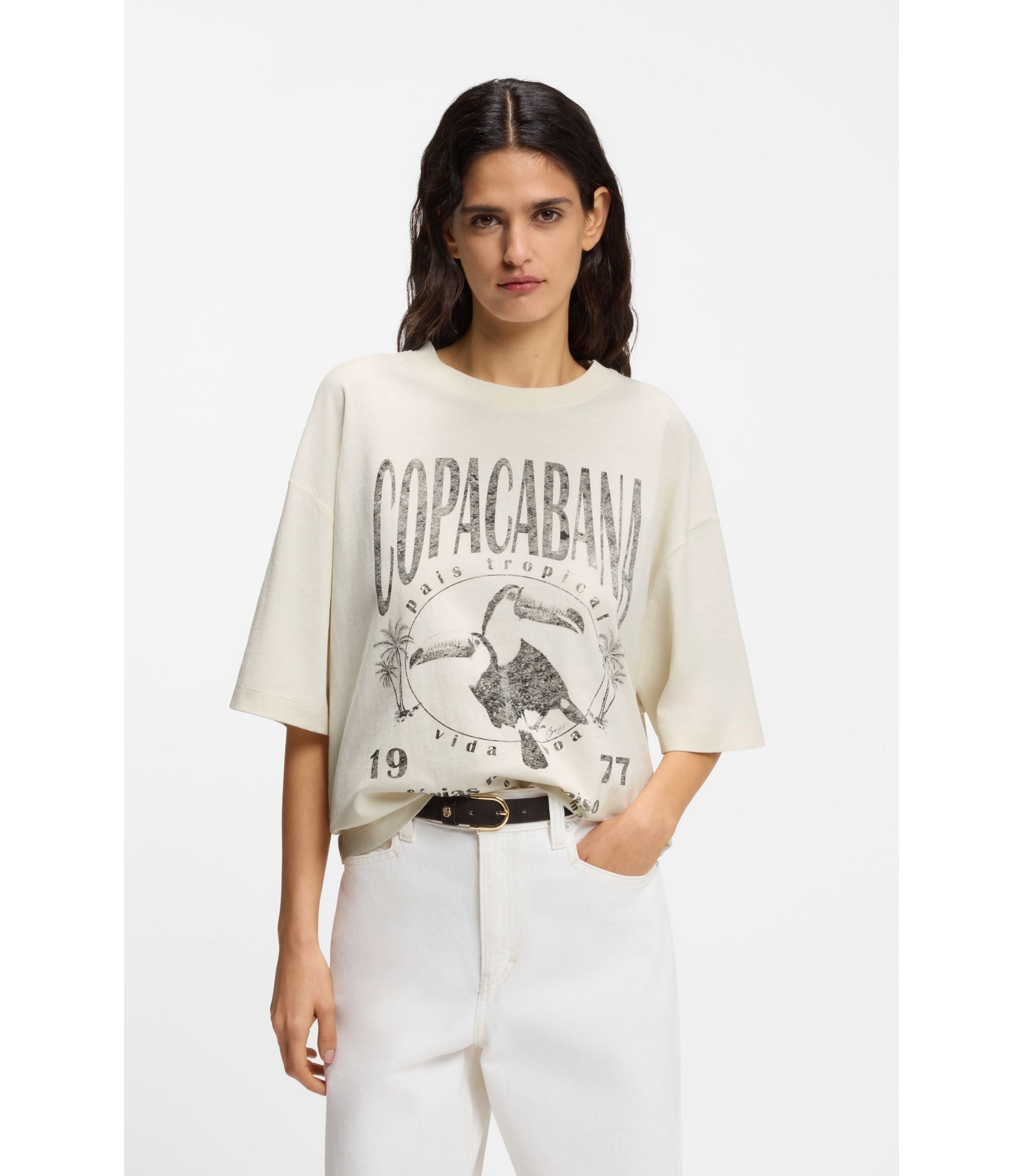 Boss Cotton Jersey T Shirt With Printed Artwork White Women's