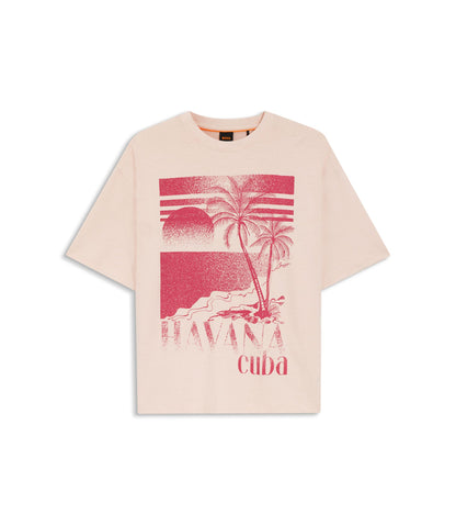 Boss Cotton Jersey T Shirt With Printed Artwork Light Pink Women's