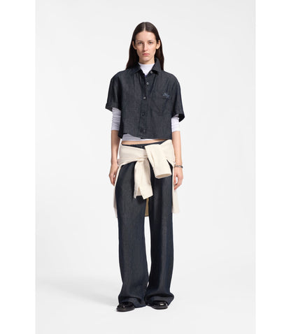 Hugo Relaxed Fit Cropped Blouse In Lightweight Denim Dark Blue Women's