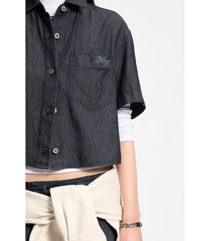 Hugo Relaxed Fit Cropped Blouse In Lightweight Denim Dark Blue Women's