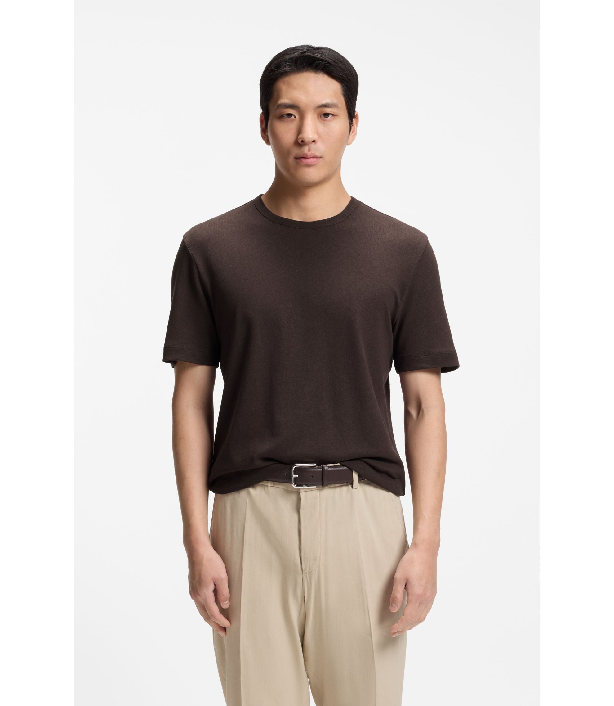 Boss Cotton Linen T Shirt In A Regular Fit Dark Brown