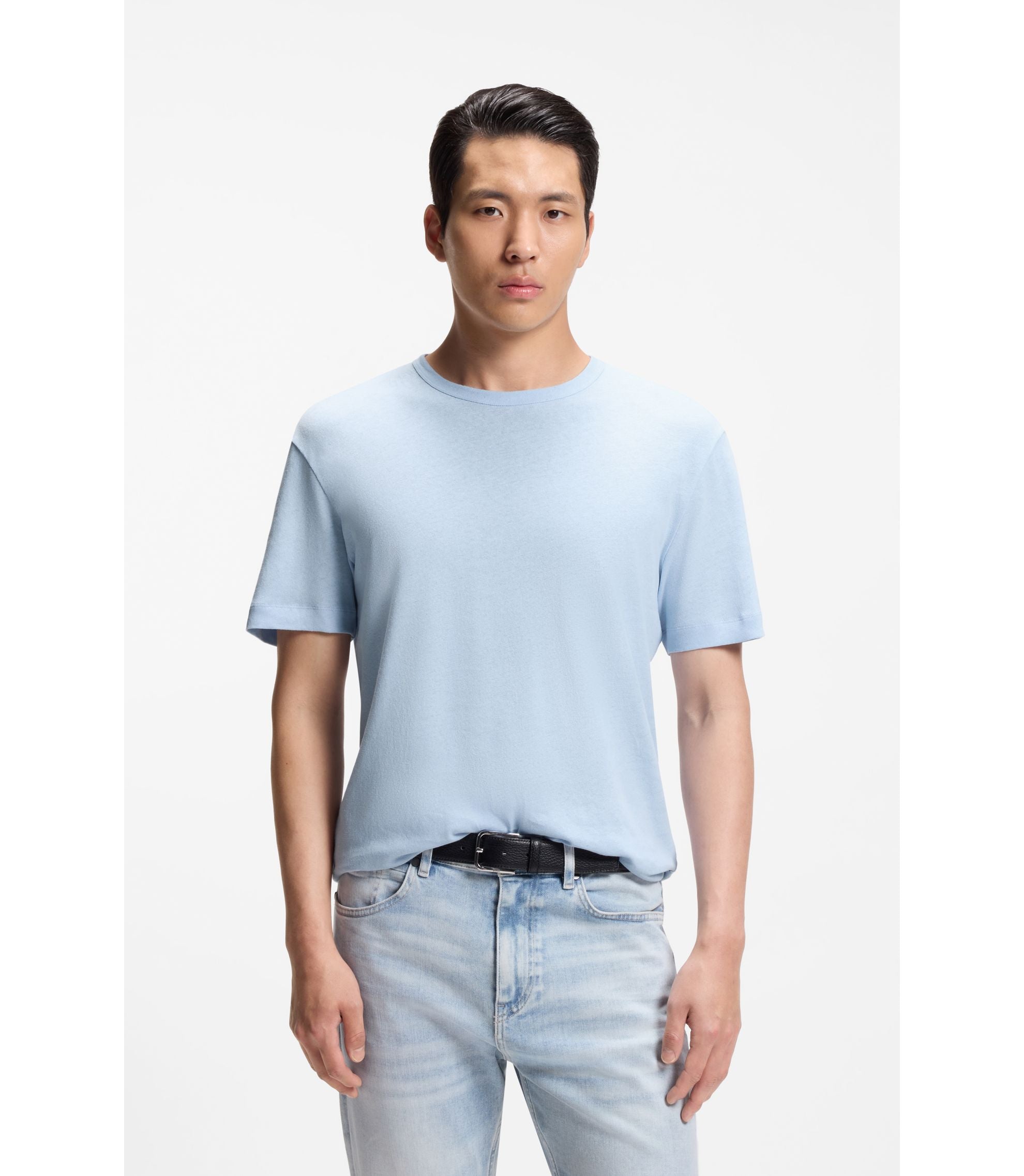 Boss Cotton Linen T Shirt In A Regular Fit Light Blue
