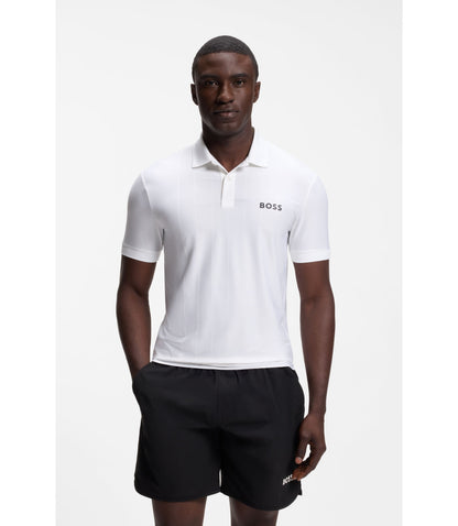 Boss Active Stripe Jersey Slim Fit Polo Shirt With Four Way Stretch White
