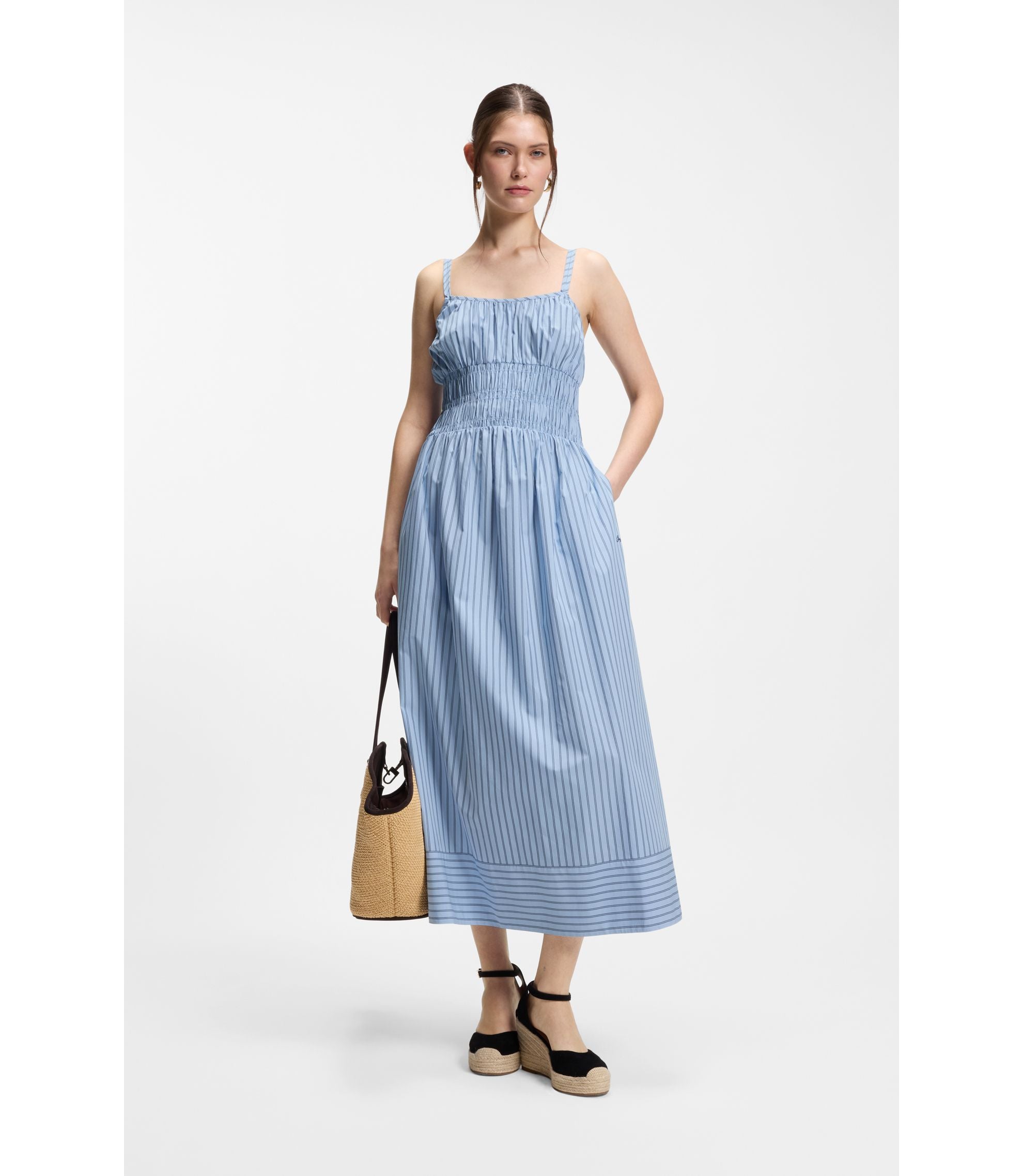 Boss Cotton Poplin Dress With Vertical Stripe Patterned Women's