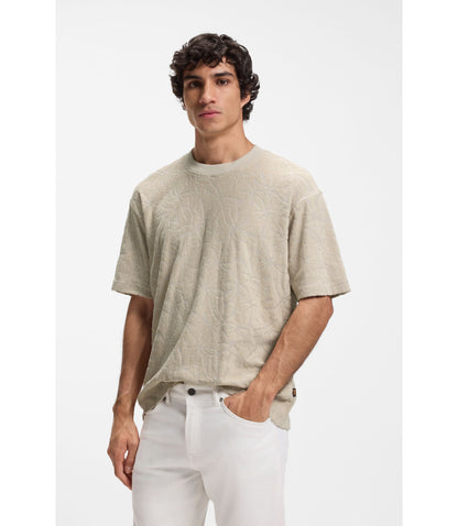 Boss Floral Jacquard T Shirt In A Cotton Blend Light Grey