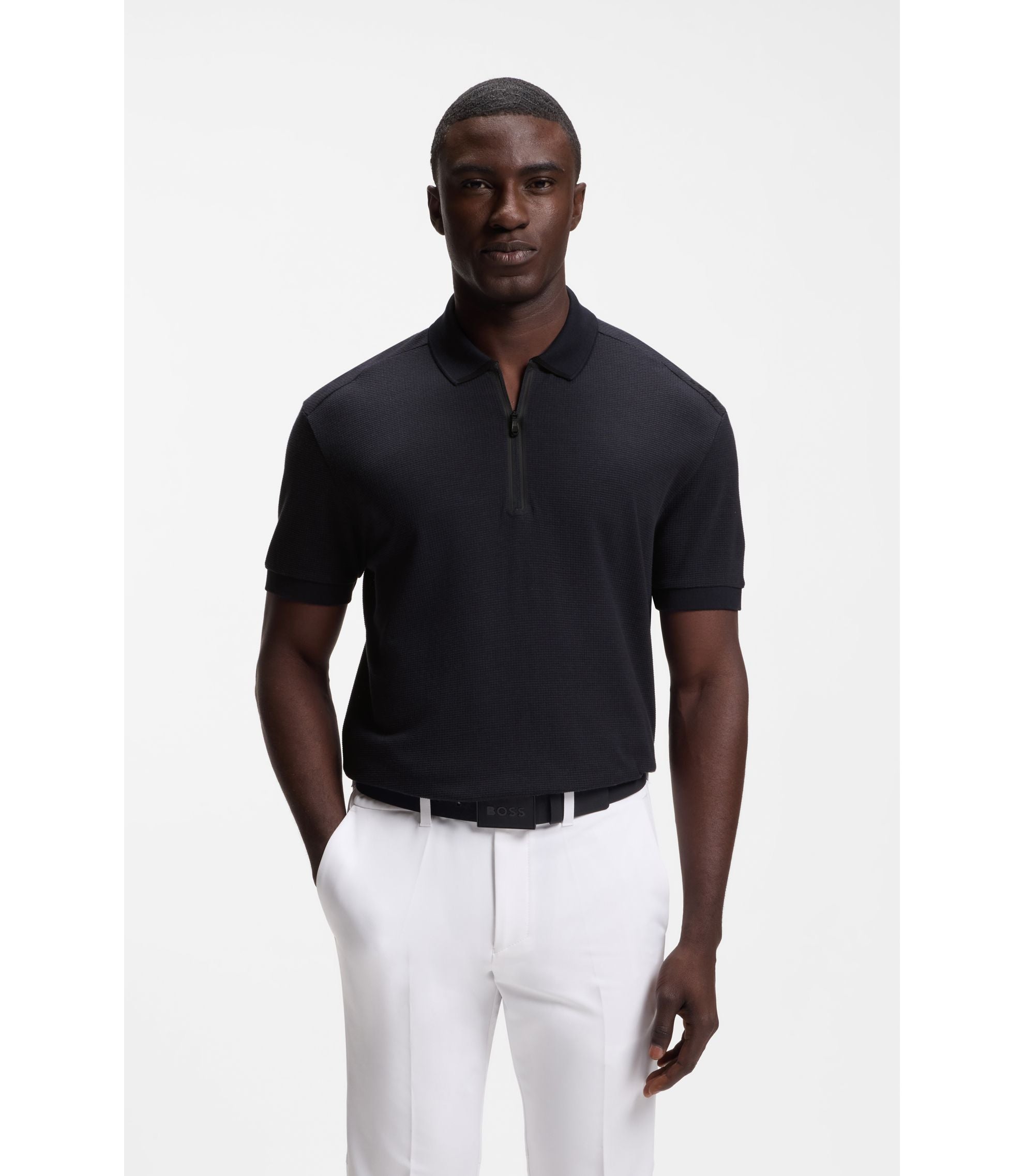 Boss Framed Zip Polo Shirt In Waffle Jacquard Dark Blue