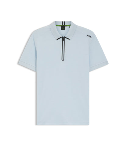 Boss Framed Zip Polo Shirt In Waffle Jacquard Light Blue