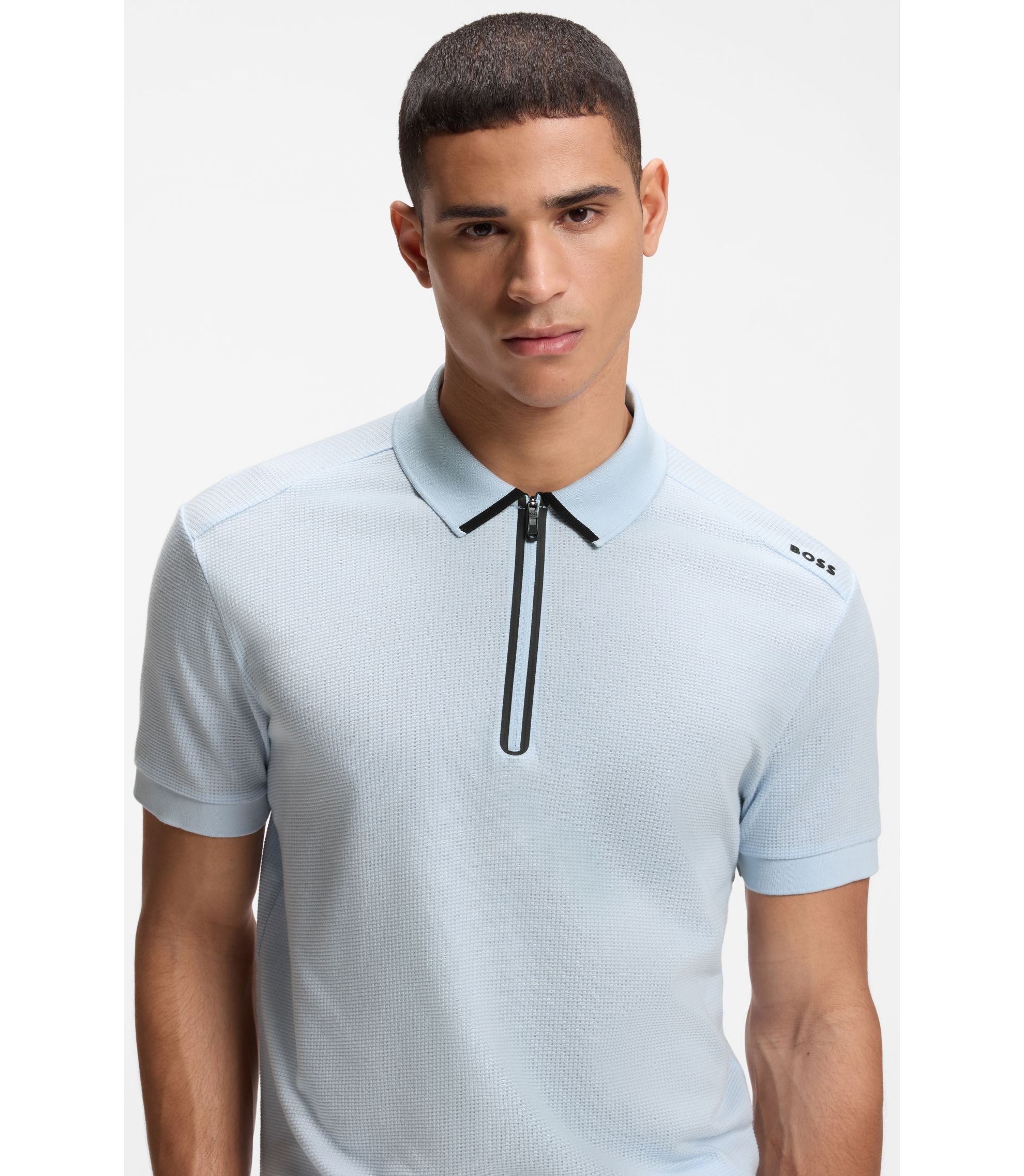 Boss Framed Zip Polo Shirt In Waffle Jacquard Light Blue