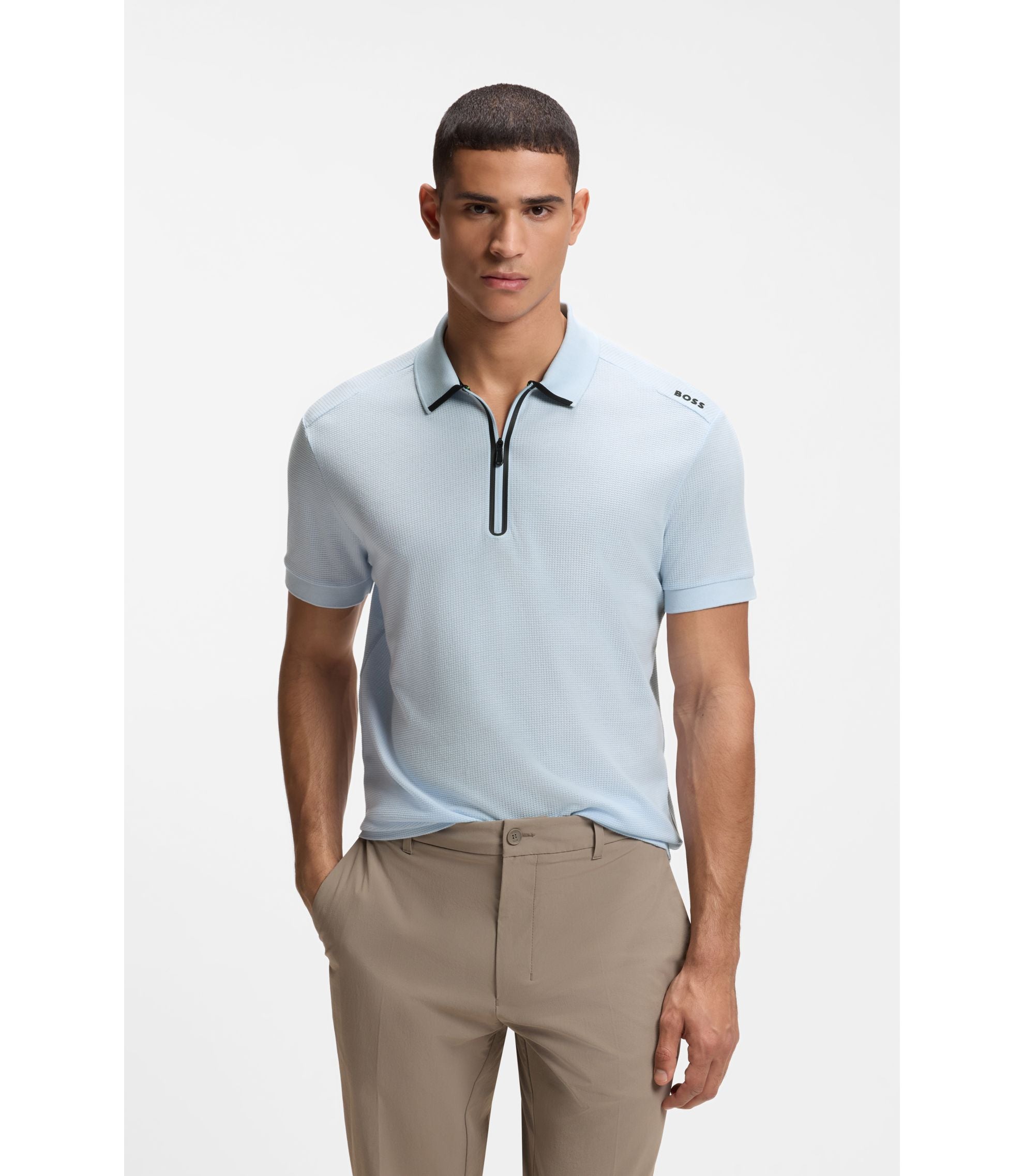 Boss Framed Zip Polo Shirt In Waffle Jacquard Light Blue