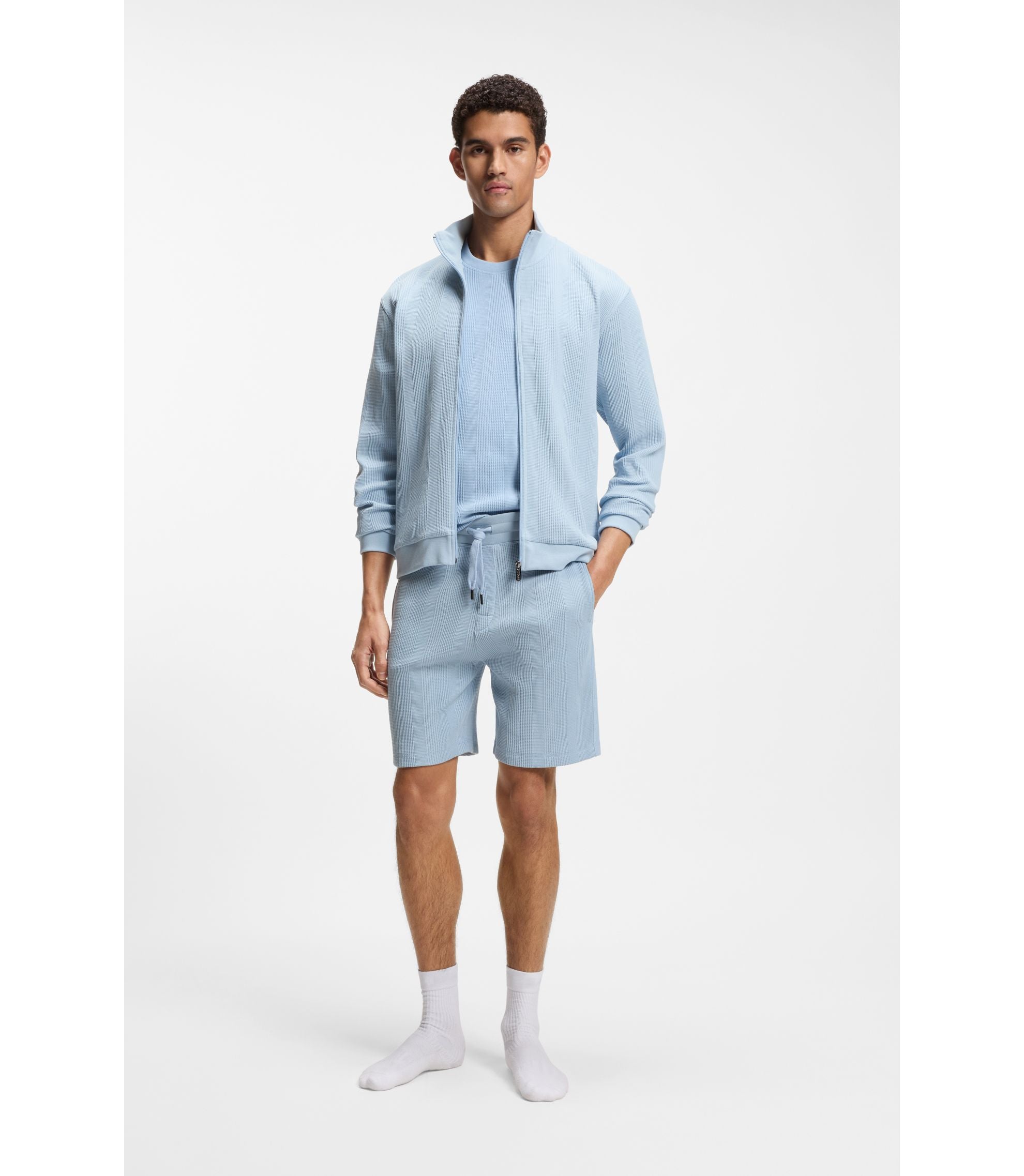 Boss Cotton Blend Jacket With Waffle Structure Light Blue