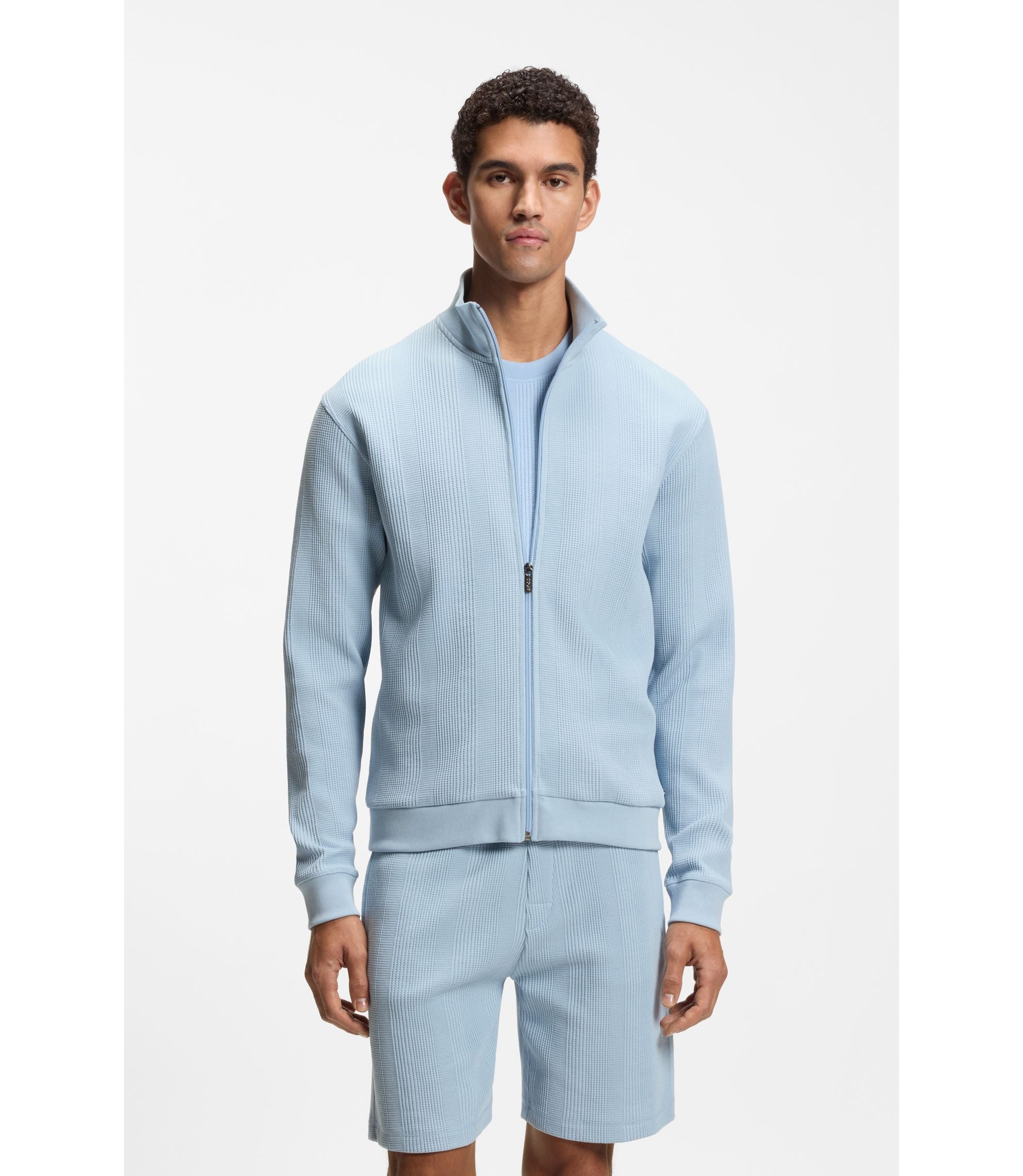 Boss Cotton Blend Jacket With Waffle Structure Light Blue